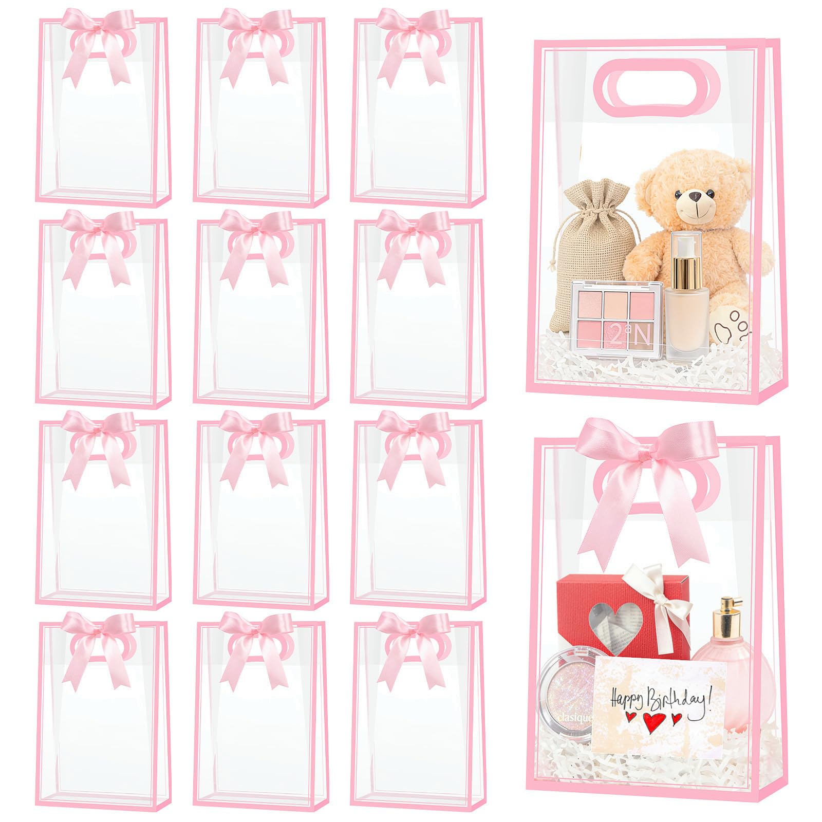 Meolvic 24 Pack Pink Clear Plastic Gift Bags with Handles