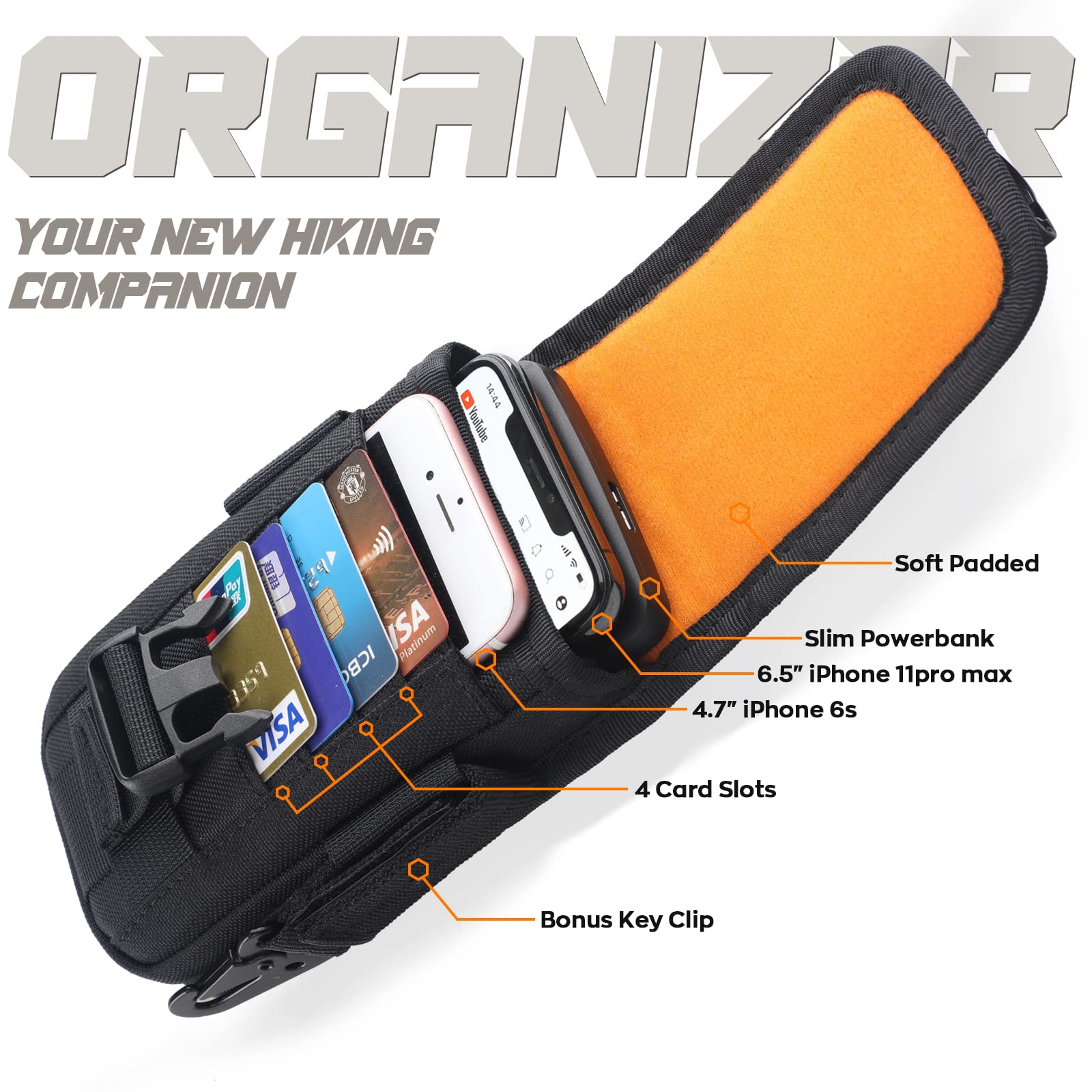 WYNEX Pochette Tactique Molle pour téléphone Portable avec Boucle de Boussole, étui Tactique Molle pour téléphone Portable IP 13/12/11 Max/S22/S21 avec Patch américain et Clip Porte-clés en paracorde