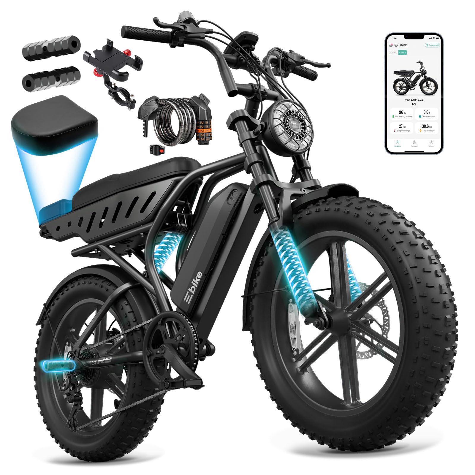TST Electric Bike for Adults, 48V 15/30 Ah Battery, 65/100 Miles Range