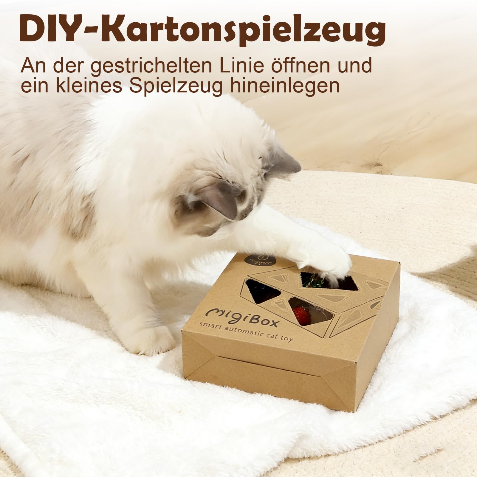 Migipaws Katzenspielzeug, interaktives elektrisches 7-Loch-Mäuse MigiBox, Intelligentes Federspielzeug,Pappspielzeug für gelangweilte Katzen,wiederaufladbar,2St Federn Zubehör