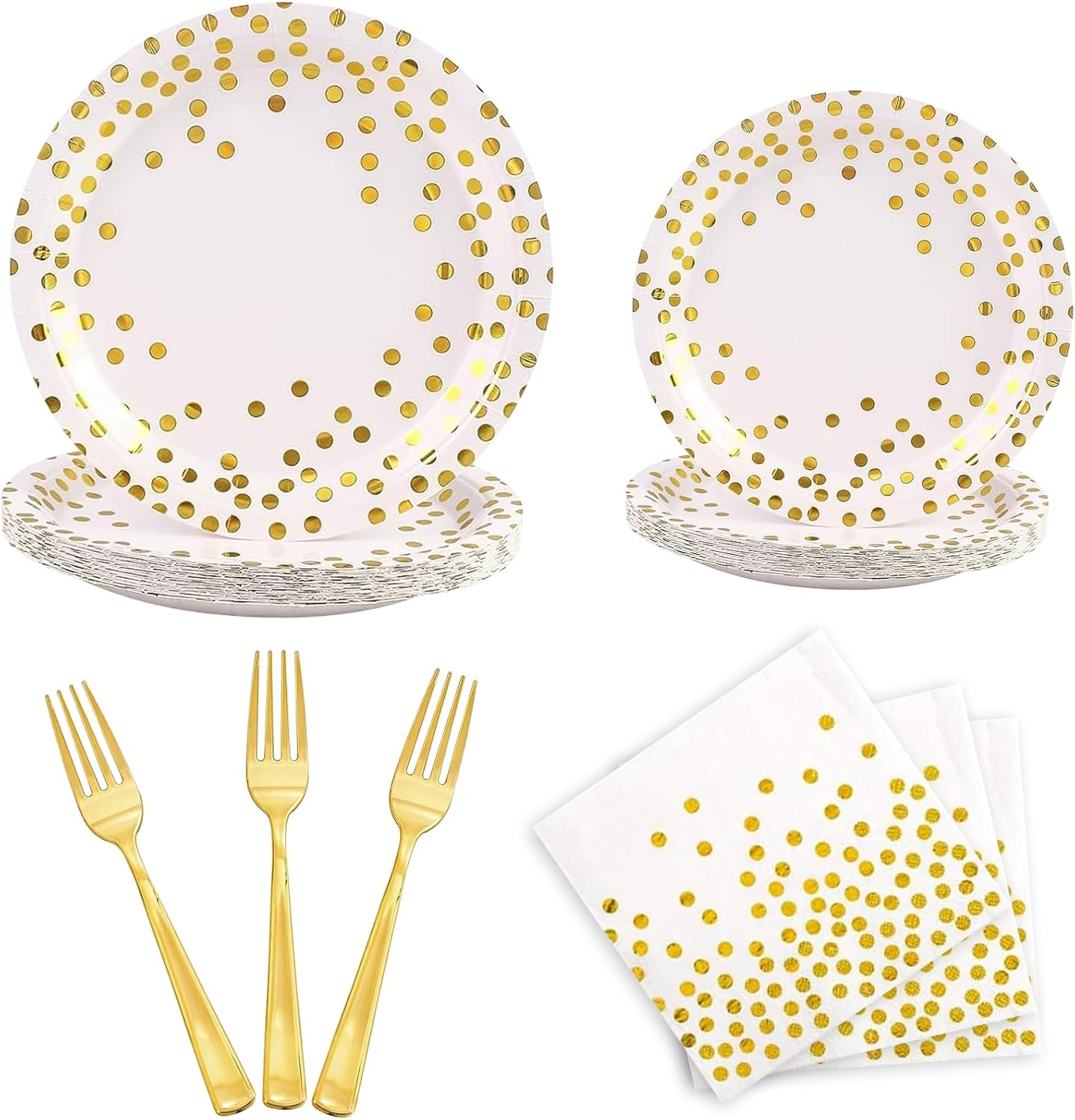 100 Pack Paper Plates and Napkins Set - White and Gold Polka Dot Disposable Dinner Plates Party Supplies for Birthday, Wedding, Baby Shower, Graduation & Holiday (Serve 25 Guests) White Gold