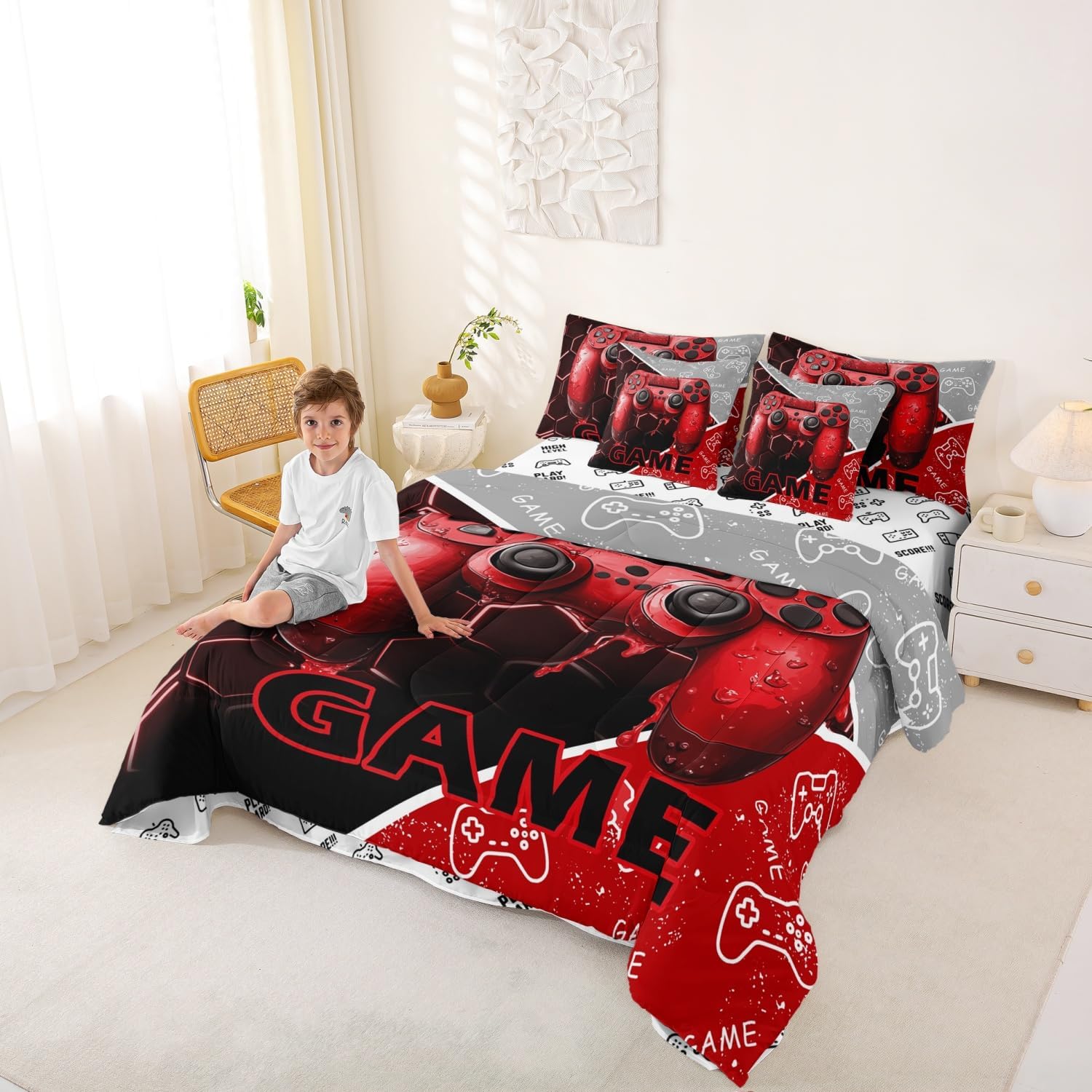 Game Consoles Kids 7 Pieces Comforter Set Queen Size,3D Gamepad Gaming Sports Gamer Gifts Reversible Quilt Set,Red Neon Hexagon Patchwork Bedding Set with Comforter,Sheet,Pillowcase
