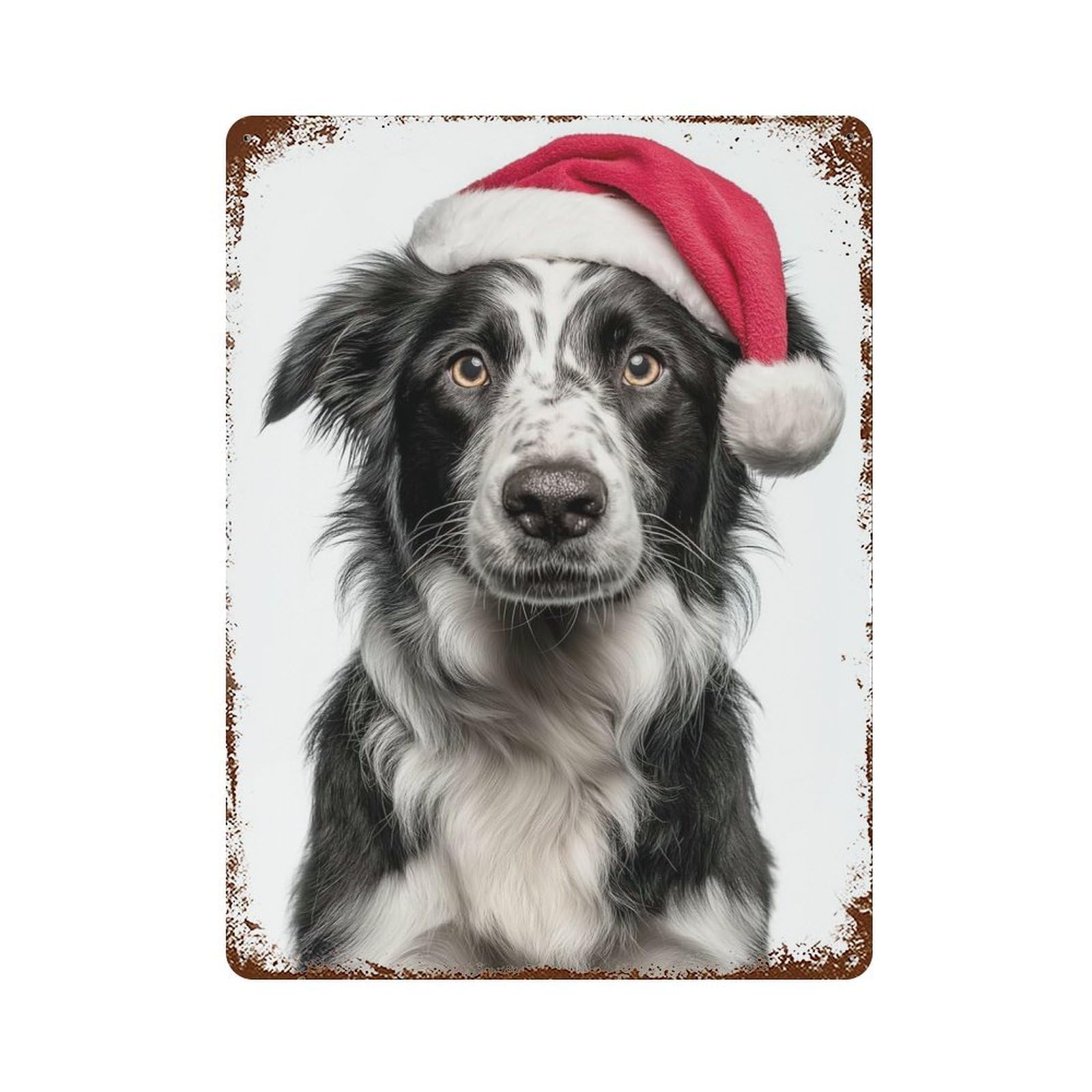 Distressed Metal Wall Sign with Border Collie Dog with Santa Hat Design 15.7"x11.8", for Living Room, Hallway And Home Decor, Vintage Wall Decor
