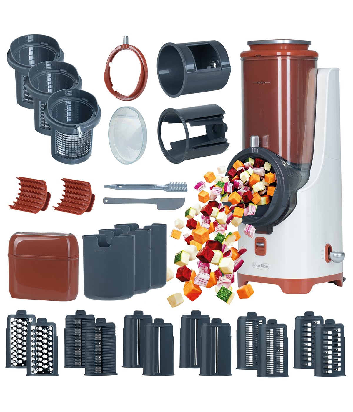 Genius Nicer Dicer Electro PRO Set 32-tlg., terracotta, Gemüseschneider elektrisch mit 9 Einsätzen zum Reiben, Hobeln, Würfeln & Schneiden, extra-scharfe Klingen, einfache Reinigung, leistungsstark
