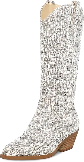 STALOV Cowboy Boots for Women,Western Pointed Toe Chunky Heel Pull-On Knee High Cowgirl Boots Fashion Embroidered Tall