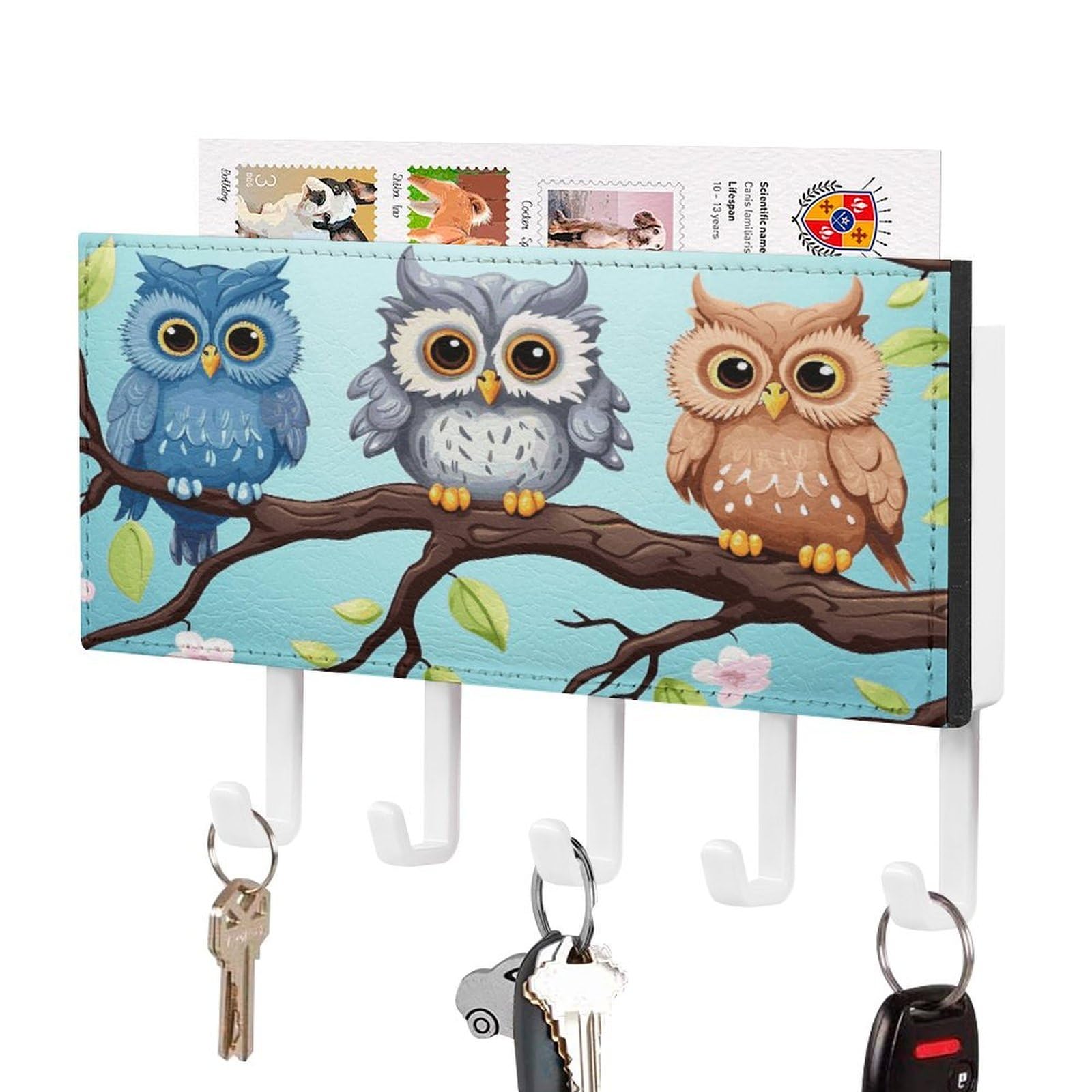Fodpand White-Style Owls On A Branch Key Holder For Wall Mount Key Hooks Key Rack With Self Adhesive Pu Key Hanger Personalized Key Organizer Rack With 5 Hooks For Hallway Door Entryway