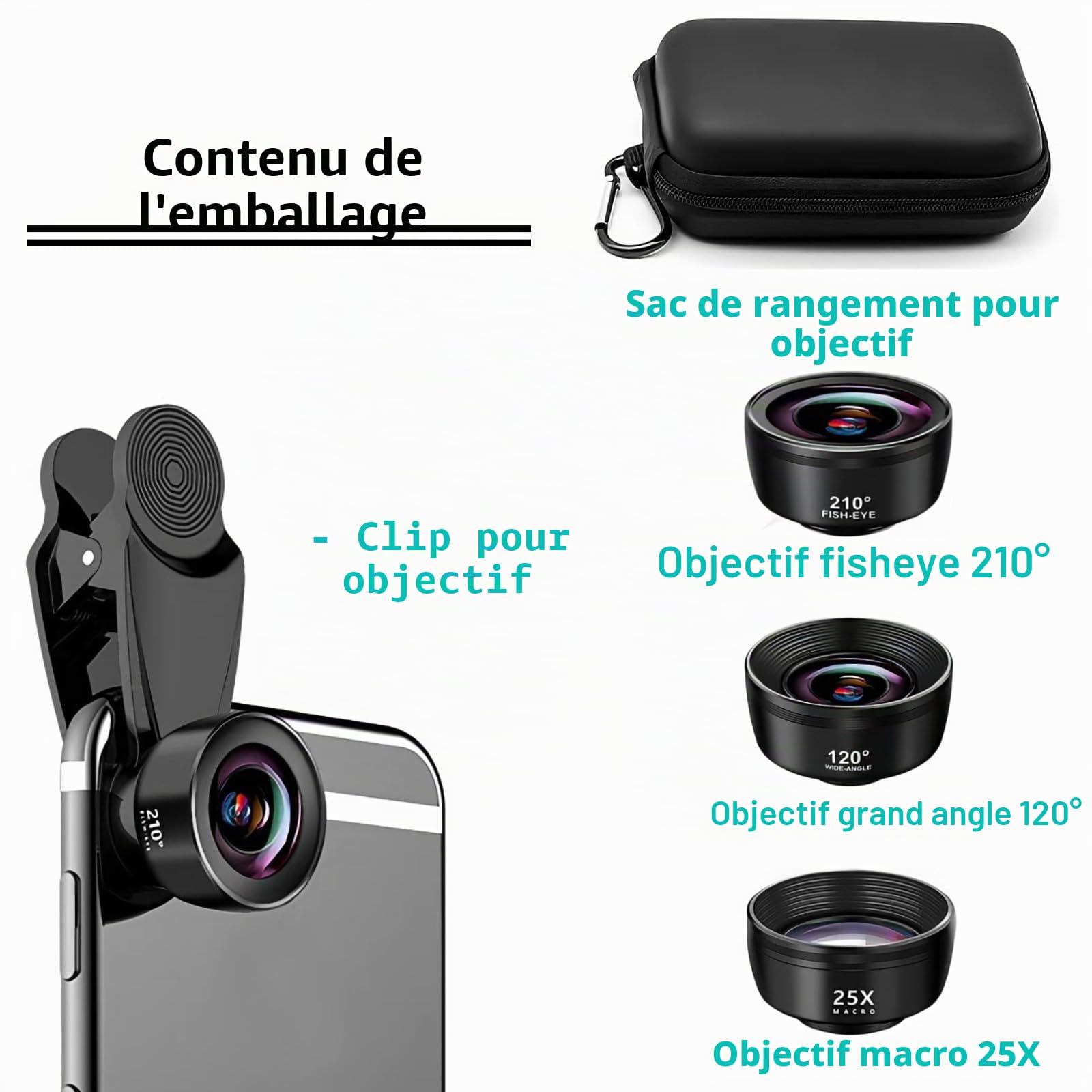 3 en 1 Objectif Telephone Portable, Kit Objectif pour iphone, 120° Grand Angle, 25x Macro, 210° Fisheye, Objectif Smartphone pour la Plupart des Smartphones