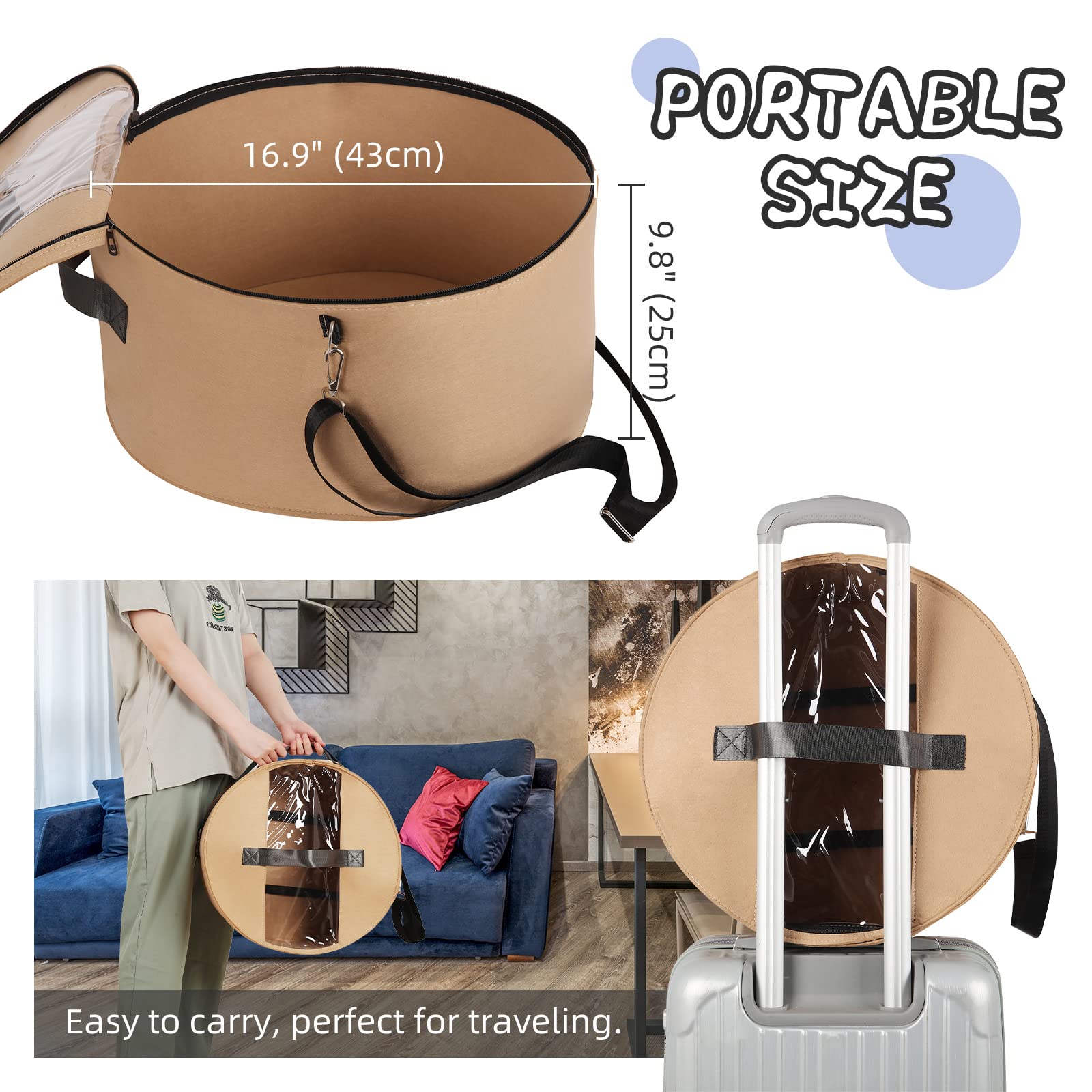 LITLANDSTAR Hat Organizer for Women and Men 17" D x 10" H Felt Round Hat Storage Box Portable Hat Container Foldable Hat Holder with Dust Proof Lid - Image 3