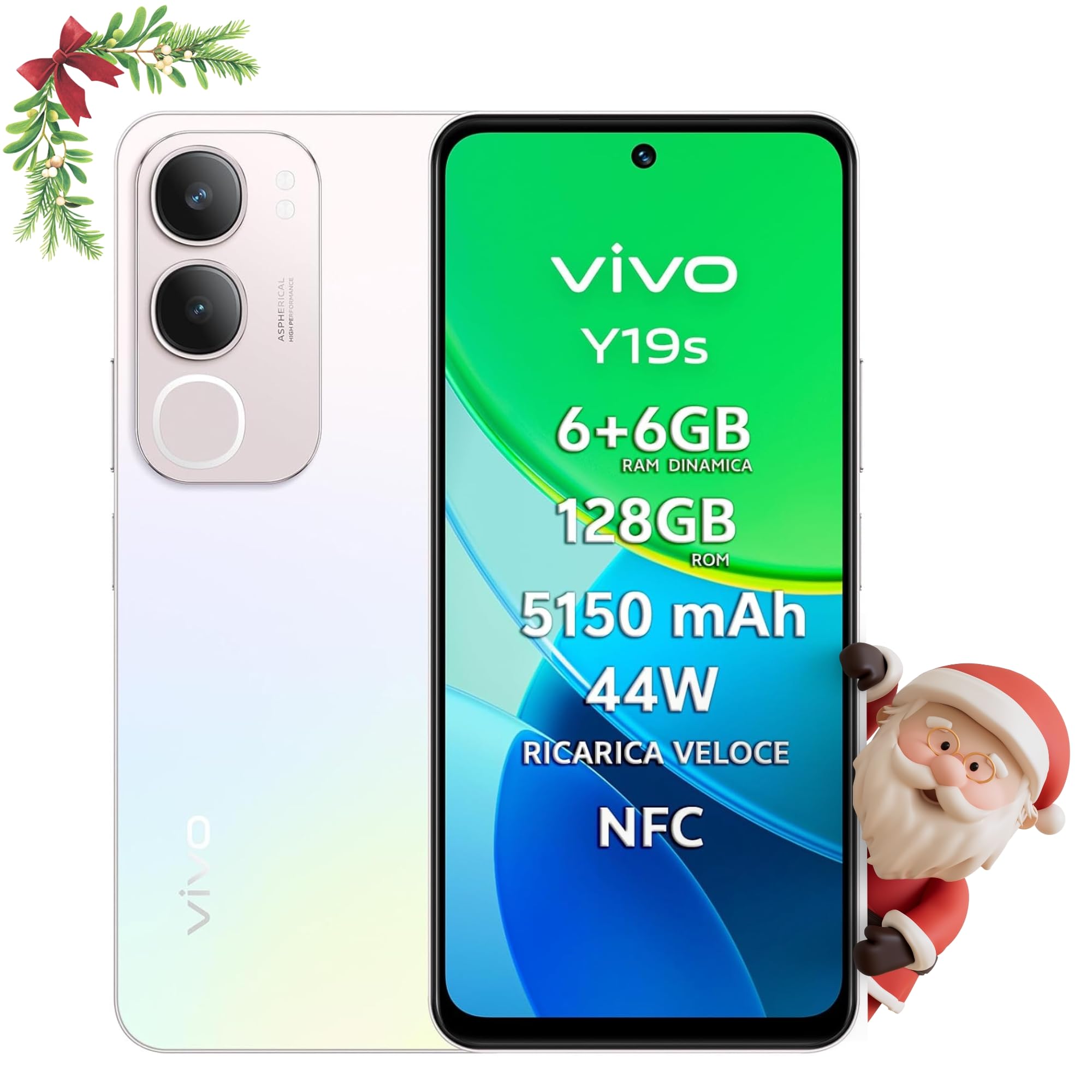 vivo Y19s Smartphone 4G, 6+6 GB RAM+128 GB, Fotocamera AI 50MP, Batteria 5150 mAh, Ricarica Veloce 44W, Display 6.68” 90Hz 1000 Nits, Audio 300% Stereo, UltraSottile 8.1mm, Idea Regalo Natale