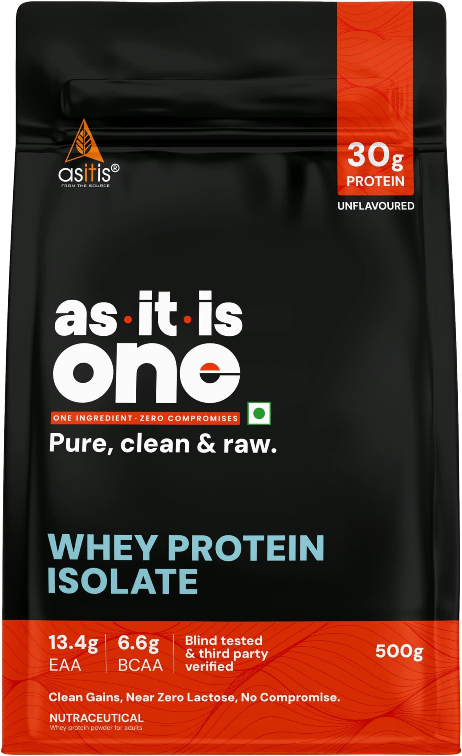 AS-IT-IS One Whey Protein Isolate - 500g Unflavoured, 30g Protein per Serve. No Amino Spiking