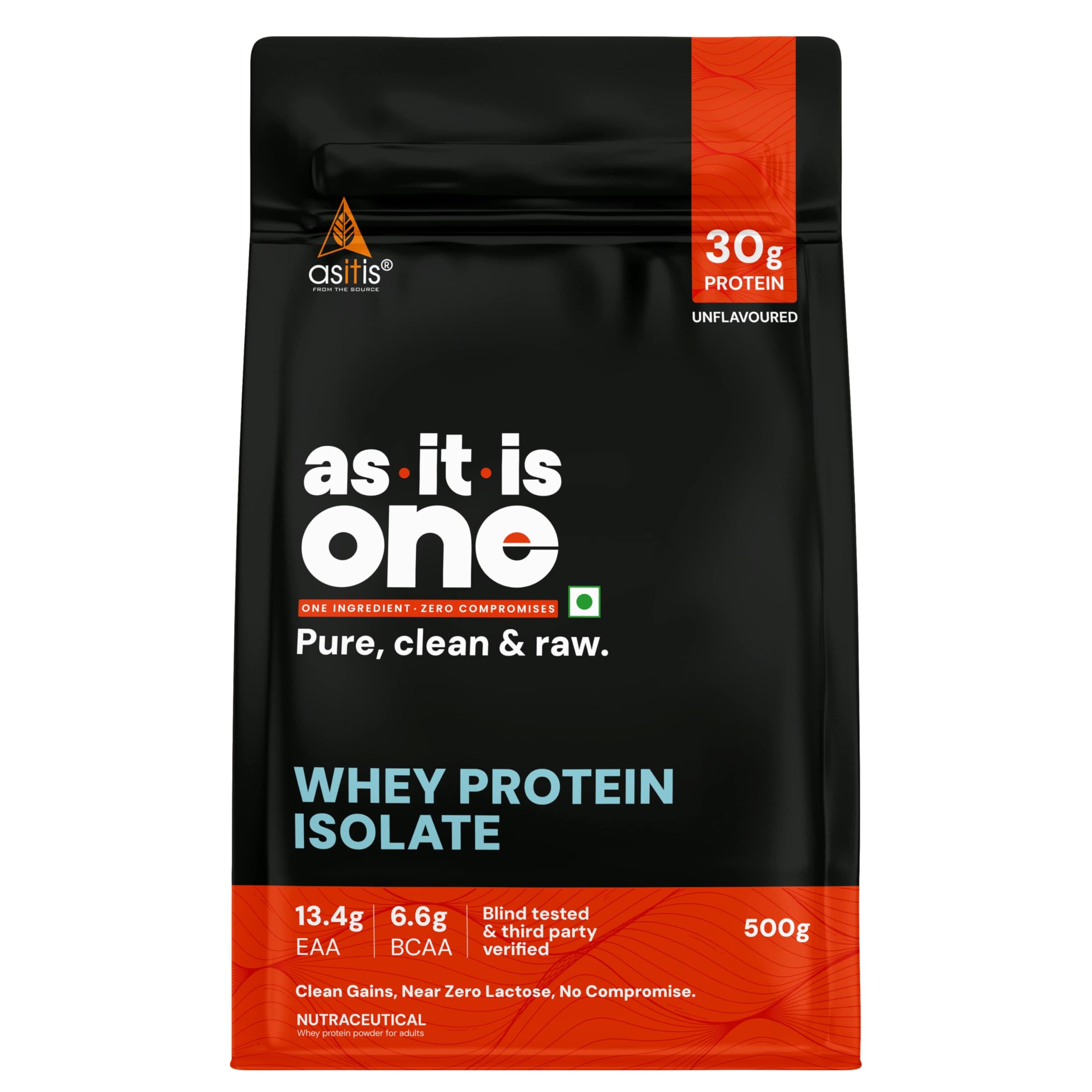 AS-IT-IS One Whey Protein Isolate - 500g Unflavoured, 30g Protein per Serve. Pure, Clean & Raw, No Amino Spiking