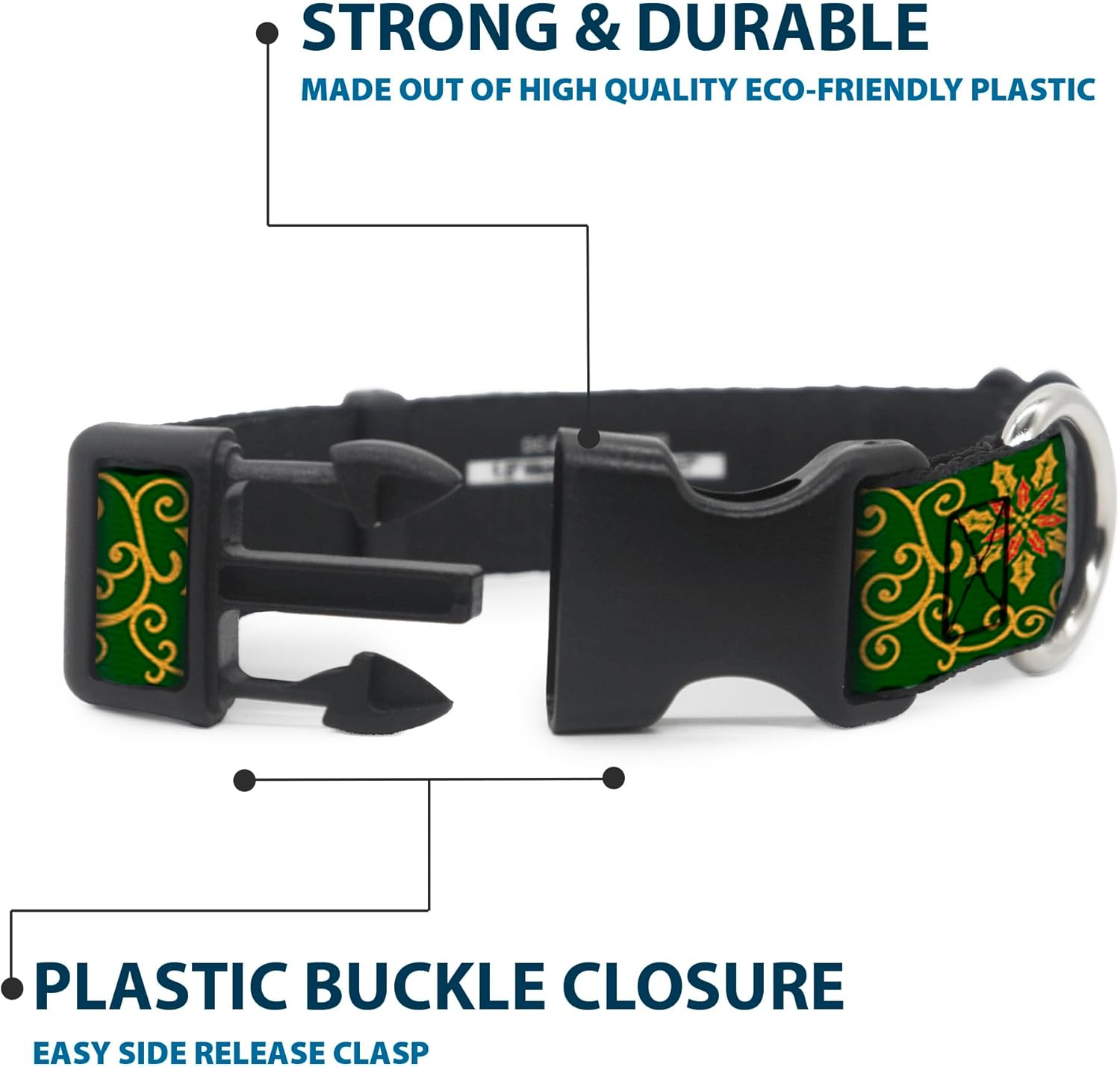 Buckle-Down Plastic Clip Collar - Holiday Holly Green/Gold/Red - 1.5" Wide - Fits 16-23" Neck - Medium