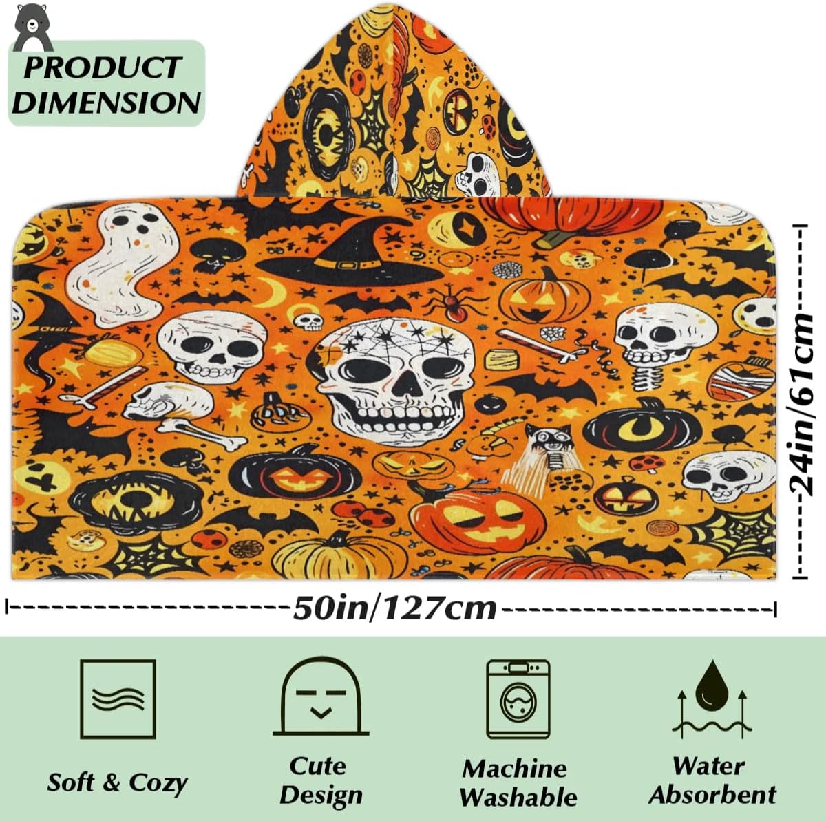Pardick Kids Bath Towel Halloween Skull Pumpkin Witch Beach Towel with Hood Pool Cover Up for Girls Boys Soft Absorbent Hooded Bath Towel Toddler Towels for Beach, Pool
