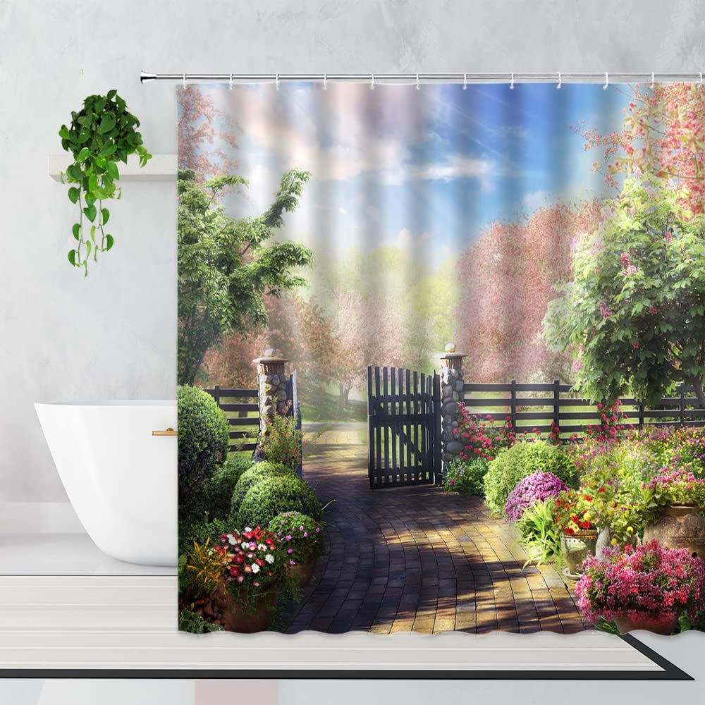 Duschvorhang Mit Gewächshaus-Motiv – Blumengarten Design, Wasserabweisend 165x183 Cm | Inkl. 12 Haken