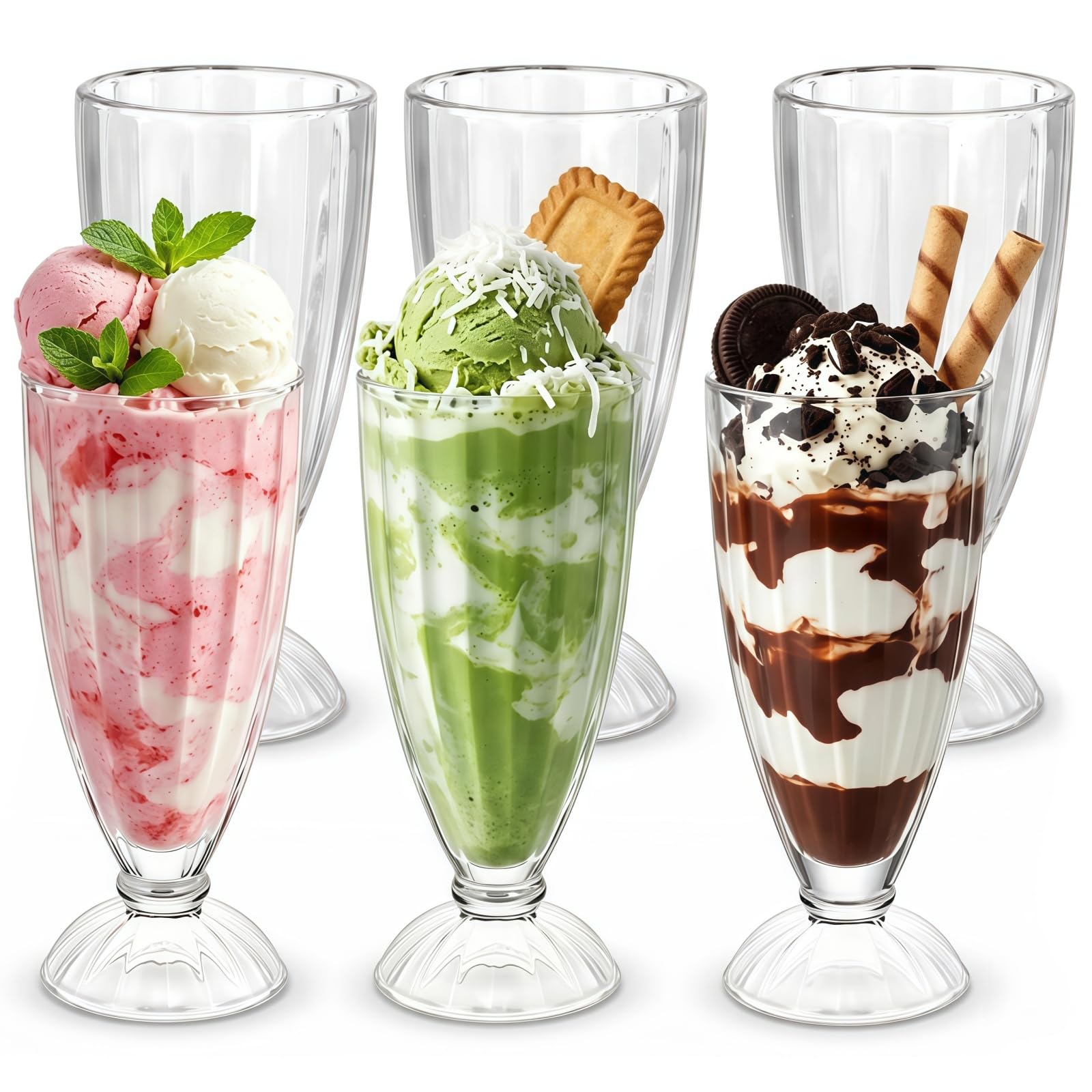 6PCS Milkshake Glasses, 370ml Tall Stemmed Glass Ice Cream Cups with Base