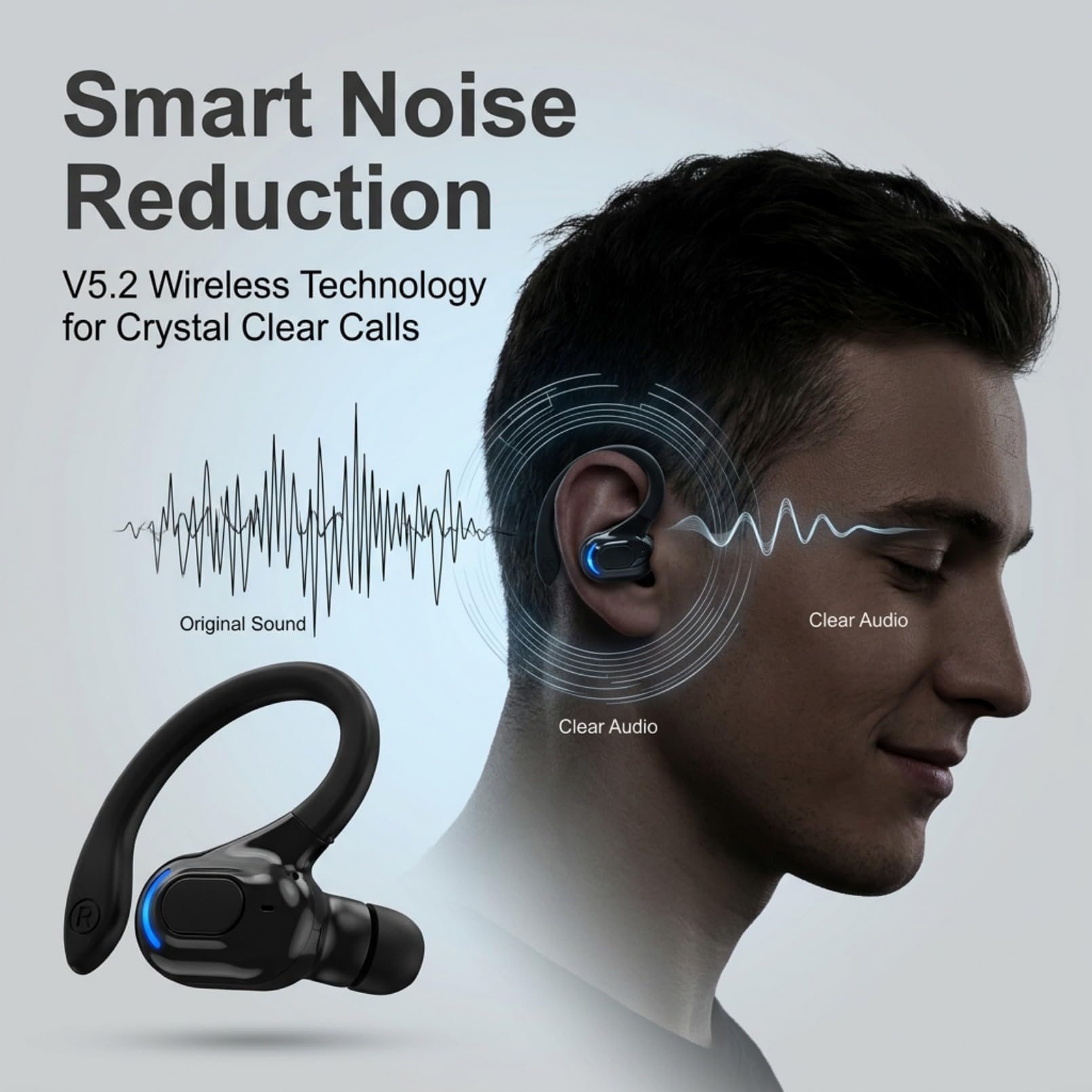 Oreillette Bluetooth Sans Fil V5.2 avec Micro Intégré, Écouteur Mono Main Libre Bluetooth, Tour d’Oreille 360°, Réduction de Bruit, 20 h d’Autonomie, Compatible avec iPhone, Android, Conduite, Sport