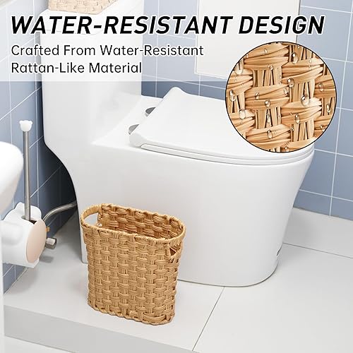 Miniatura 2 de NiOffice Cesta de basura de mimbre, cubo de basura de mimbre con asas integradas, mini cesta de mimbre multifuncional para el hogar y la oficina,