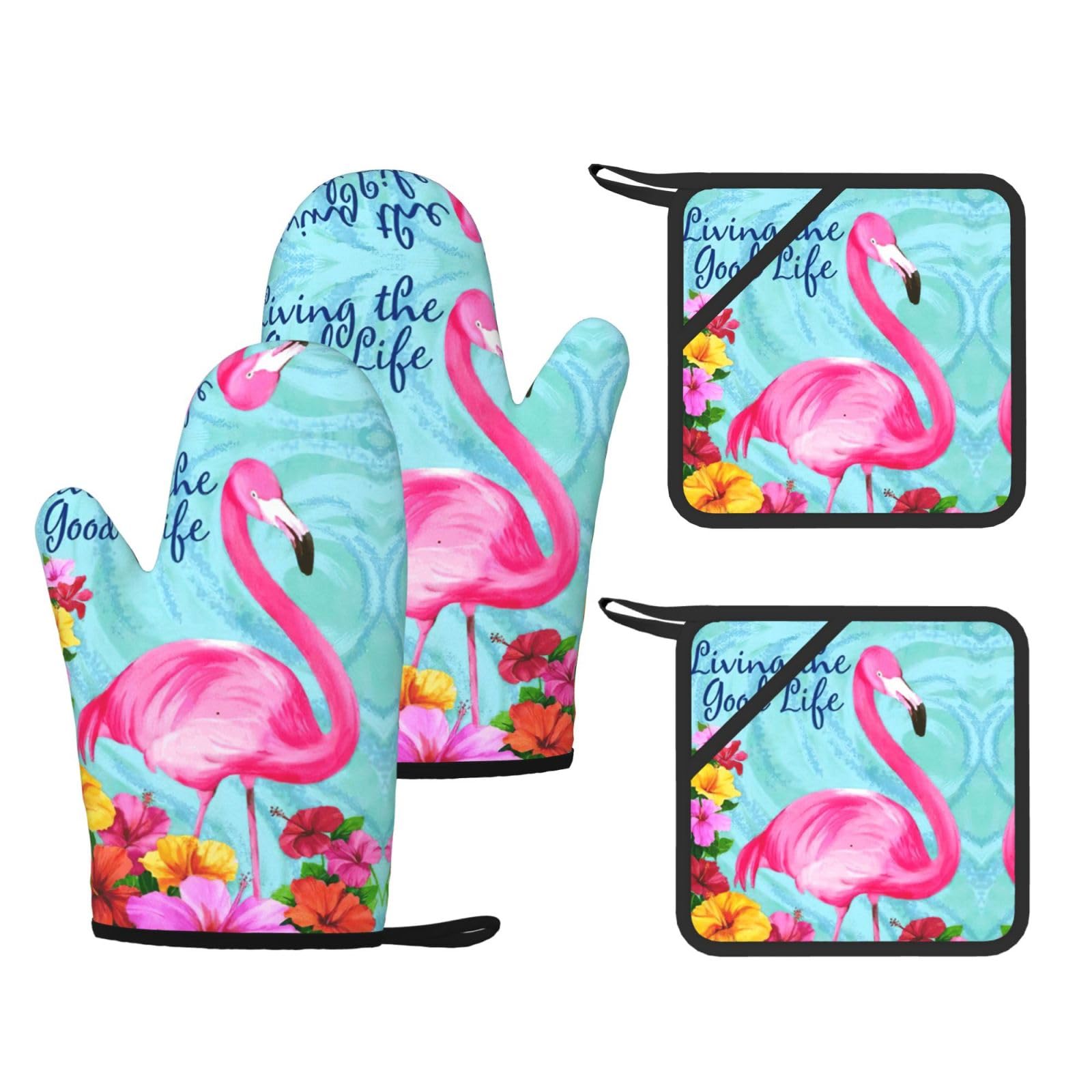 Flamingo Flowers Printed Oven Mitts and Pot Holders Set of 4, Heat Resistant Silicone Gloves for Baking Grilling