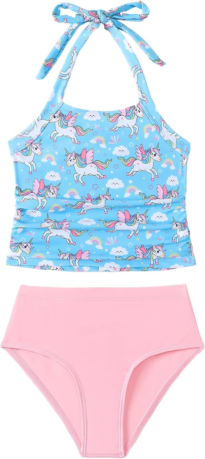 Saeaby Toddler Little Girls Swimsuit Summer Halter Ruched Tankini 2 Piece Bathing Suit for Girl Beach Swimwear 3-8Y