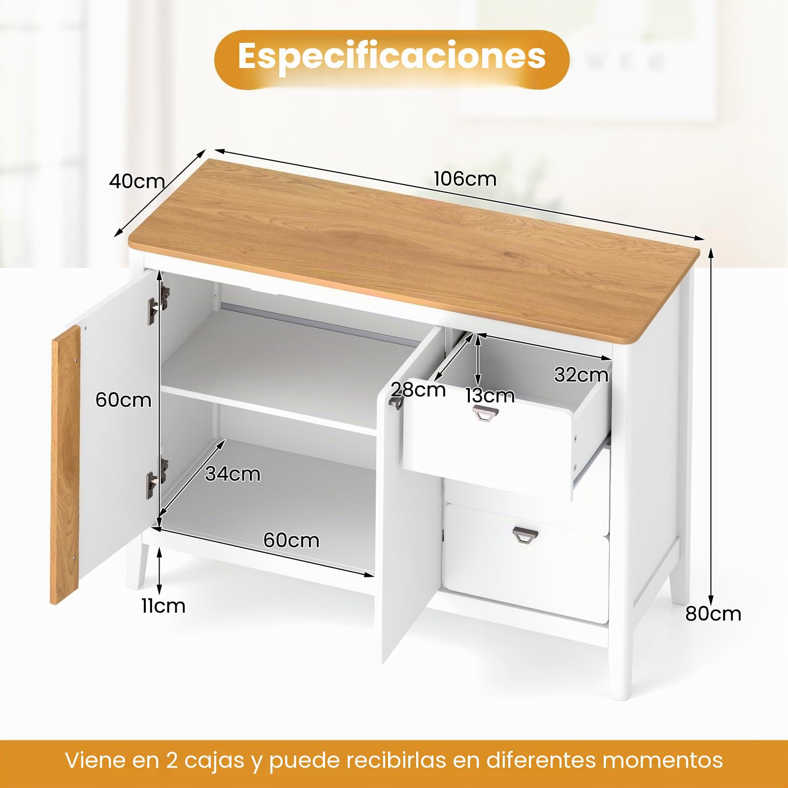 GIANTEX Aparador de Cocina de Madera, Armario de Almacenamiento con Estante Ajustable y 3 Cajones, Mueble Auxiliar con Kit Antivuelco y 2 Puertas, para Comedor, Salón, Natural+Blanco
