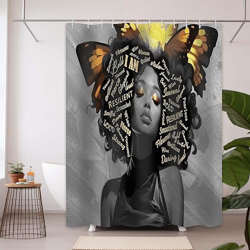 Cortina de ducha afroamericana para baño, juego de cortina de ducha afroamericana con 12 ganchos, 72 x 72 pulgadas