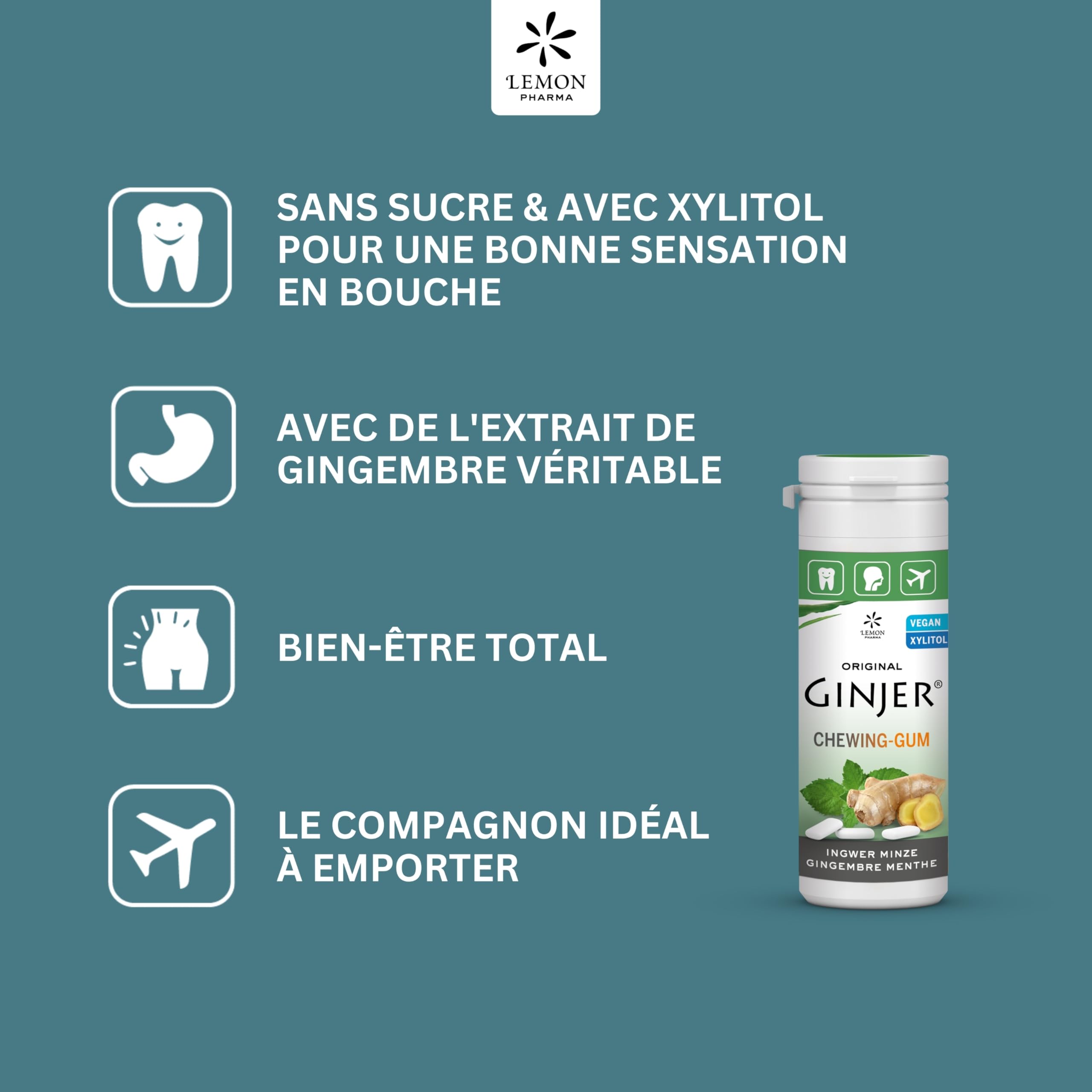 Chewing-gums au gingembre menthe et xylitol Ginjer® Lemon Pharma – Sans sucre – Boite de 30 g