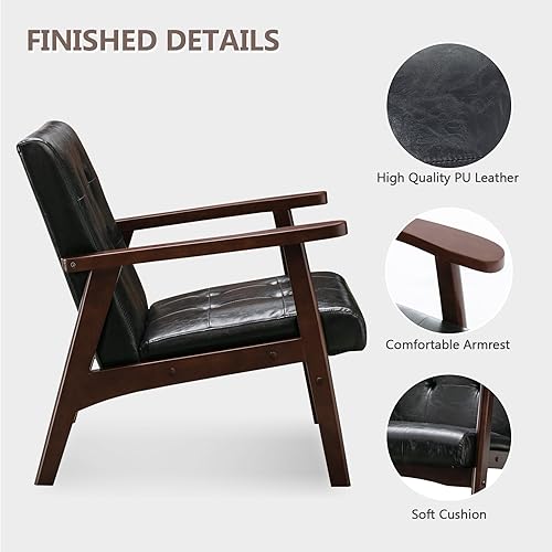 Miniatura 4 de Bonzy Home Silla decorativa negra, sillas modernas de piel sintética de mediados de siglo para sala de estar, sillón tapizado, cómoda silla auxiliar