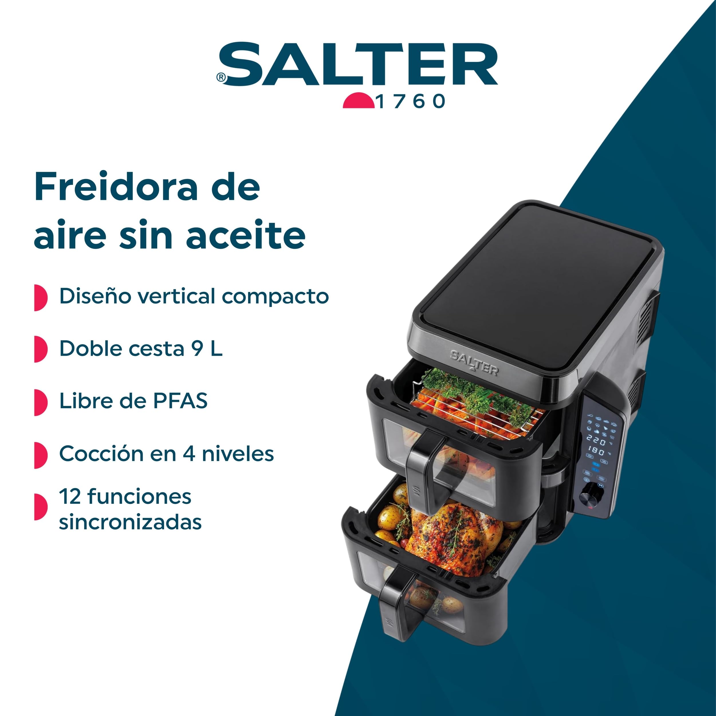 Salter Freidora de aire vertical con doble cesta, 9L en total (2x4.5L), diseño ahorrador de espacio, 12 funciones de cocción sincronizadas, libre de PFAS