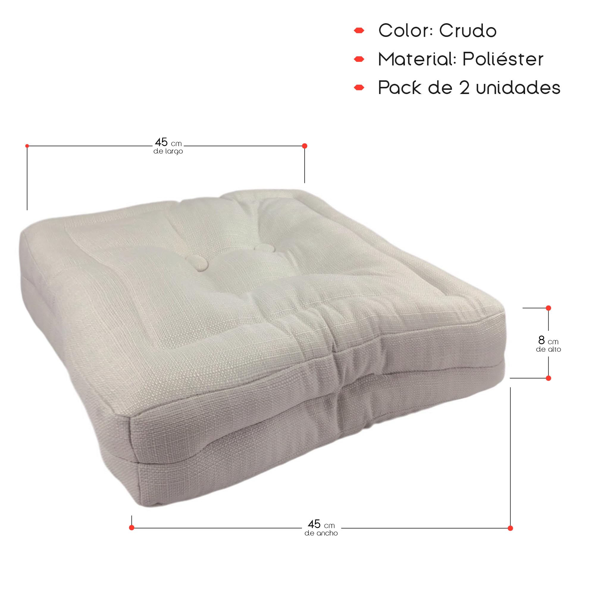 TIENDA EURASIA – Pack de 2 Cojines de Suelo Cuadrado | Cojín Impermeable | Acolchado | Poliéster | Medidas 45x45x8 cm | Cojines Exterior Jardín | con Asa de Transporte y Cremallera (Crudo)