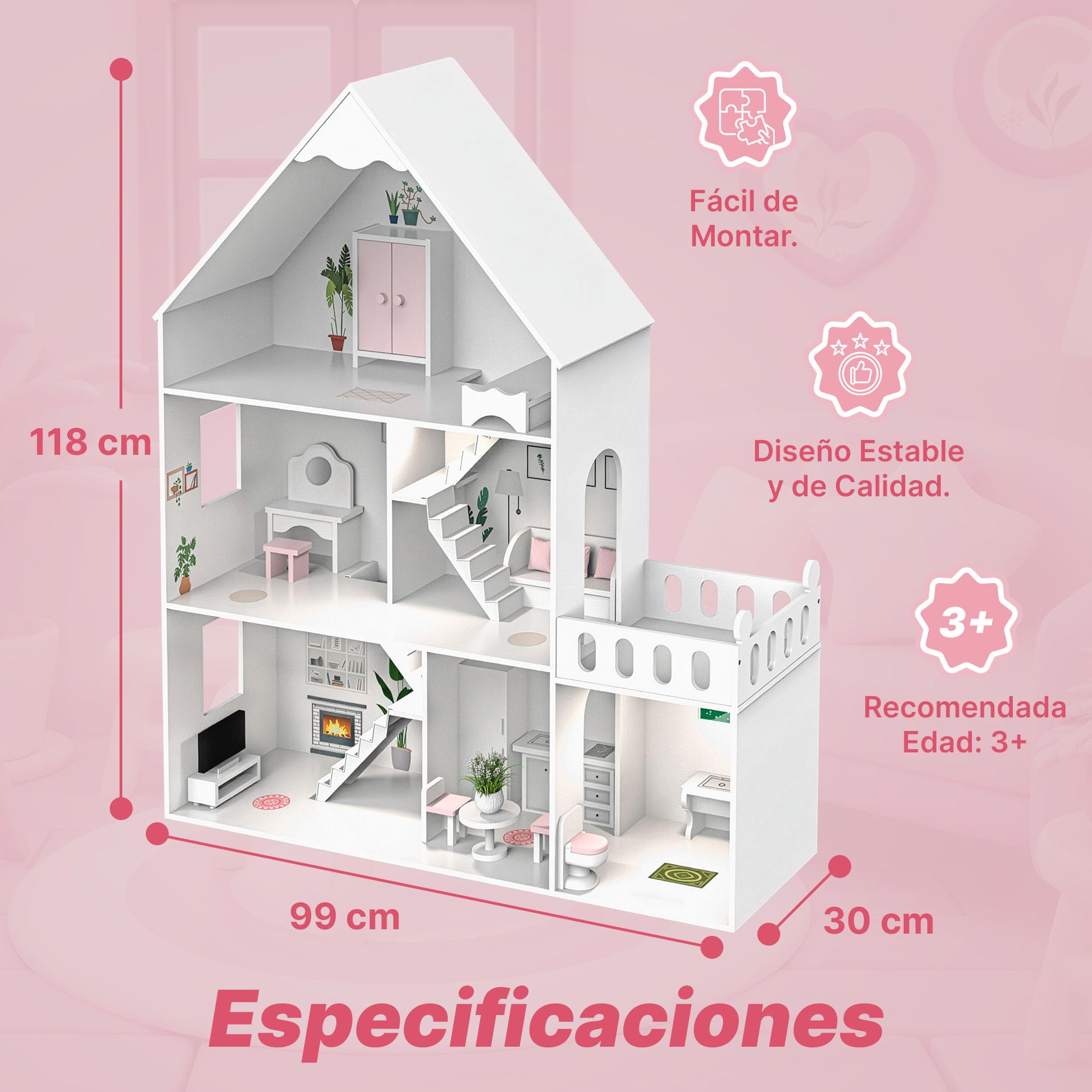 Barbie Casa de muñecas de madera grande 118 cm – Kinderplay 3 pisos casa de muñecas para niños con muebles, luz LED, pegatinas y accesorios – Casa de juegos de madera moderna regalo a partir de 3 años