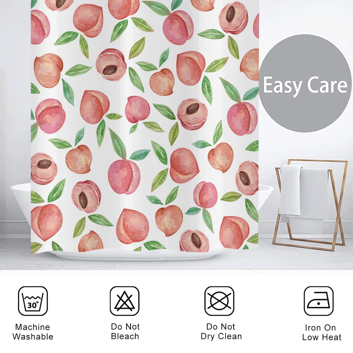 Tenda da doccia Rosa Pesca 180x200, Allover Frutti Verde Foglie Tende da doccia Acquerello Luminoso Colorato Estetica Tenda da bagno Impermeabile Poliestere Tessuto Lavabile Tenda da bagno