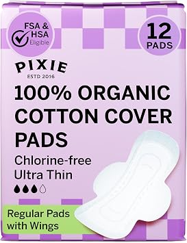 Pixie Organic Pads Ultra Thin Cotton with Wings for Women - Leak-Proof & Moisture-Wicking for Feminine Care - Compostable, Unscented Menstrual Pads - Regular Absorbency - FSA Eligible - 12 Count