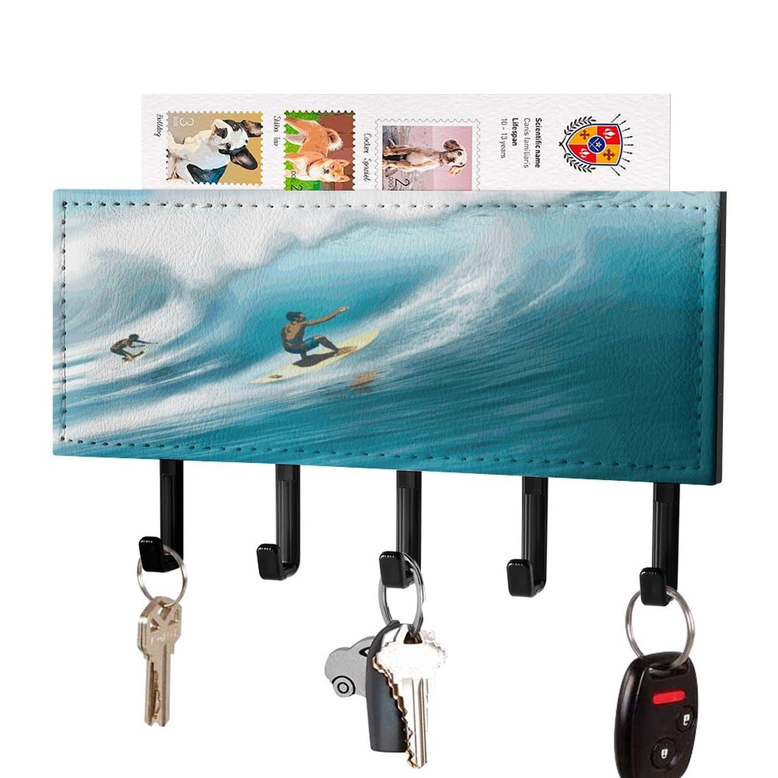 LDGSUPH Surfing Key Holder Wall Mount Key Hanger with 5 Hooks Fashion Key Organizer Rack Hanging Key Hooks with Mail Organizer Key Rack for Home Entryway Hallway Black-Style