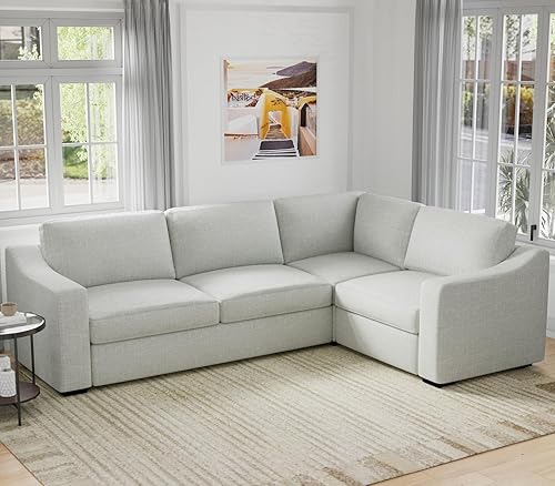 Miniatura 24 de Eluchang Sofá seccional convertible, sofá en forma de L con asientos extra profundos, tela de lino natural, sofá de esquina moderno y cómodo para