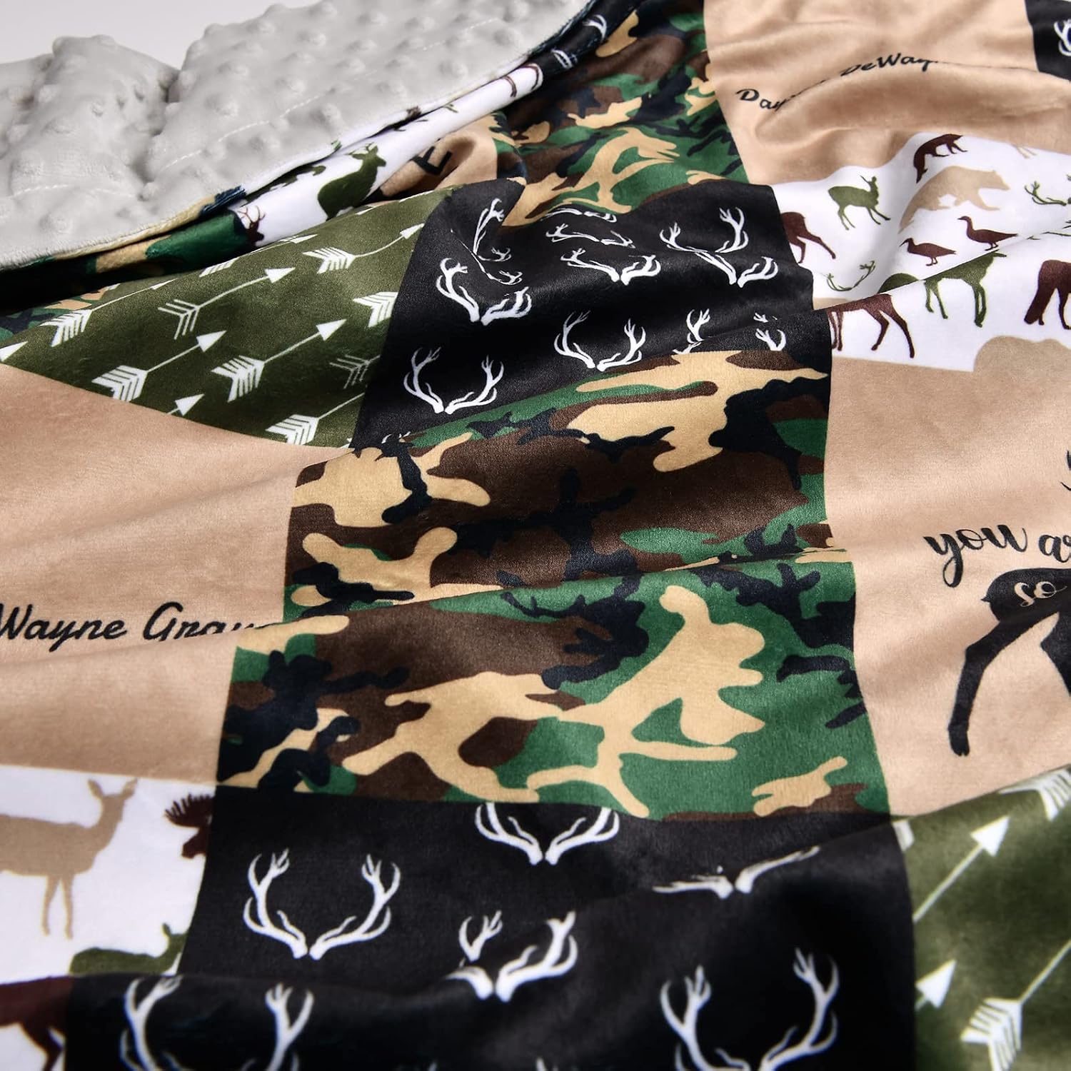 Personalized Baby Name Woodland Theme Baby Blankets, Moose and Bear Bedding, Ducks,Deer and Arrow Blanket, Custom Minky Dot Blankets for Kids Boys, Patchwork Blanket, Army Military Green Camouflage