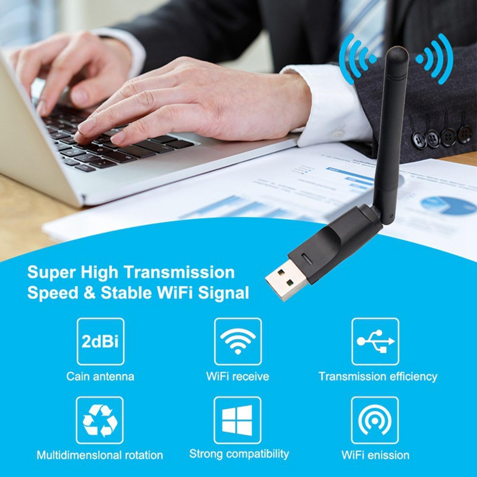 Adaptateur Wifi USB 150 Mbps 2,4 GHz Dongle Sans Fil Grande Antenne Carte Réseau Externe Puce Mt7601