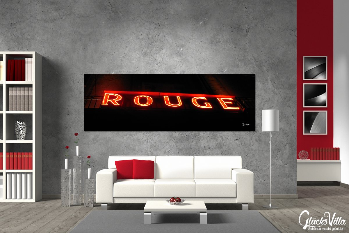 Glücksvilla - Rotes Rouge (Echtglas + Acryl 4 mm, 90 x 30 cm) | div. Maße - aus DE - Kunstdruck XXL Deko Wandbild quer - Hotel Reklame Leuchtschrift Schild Buchstabe