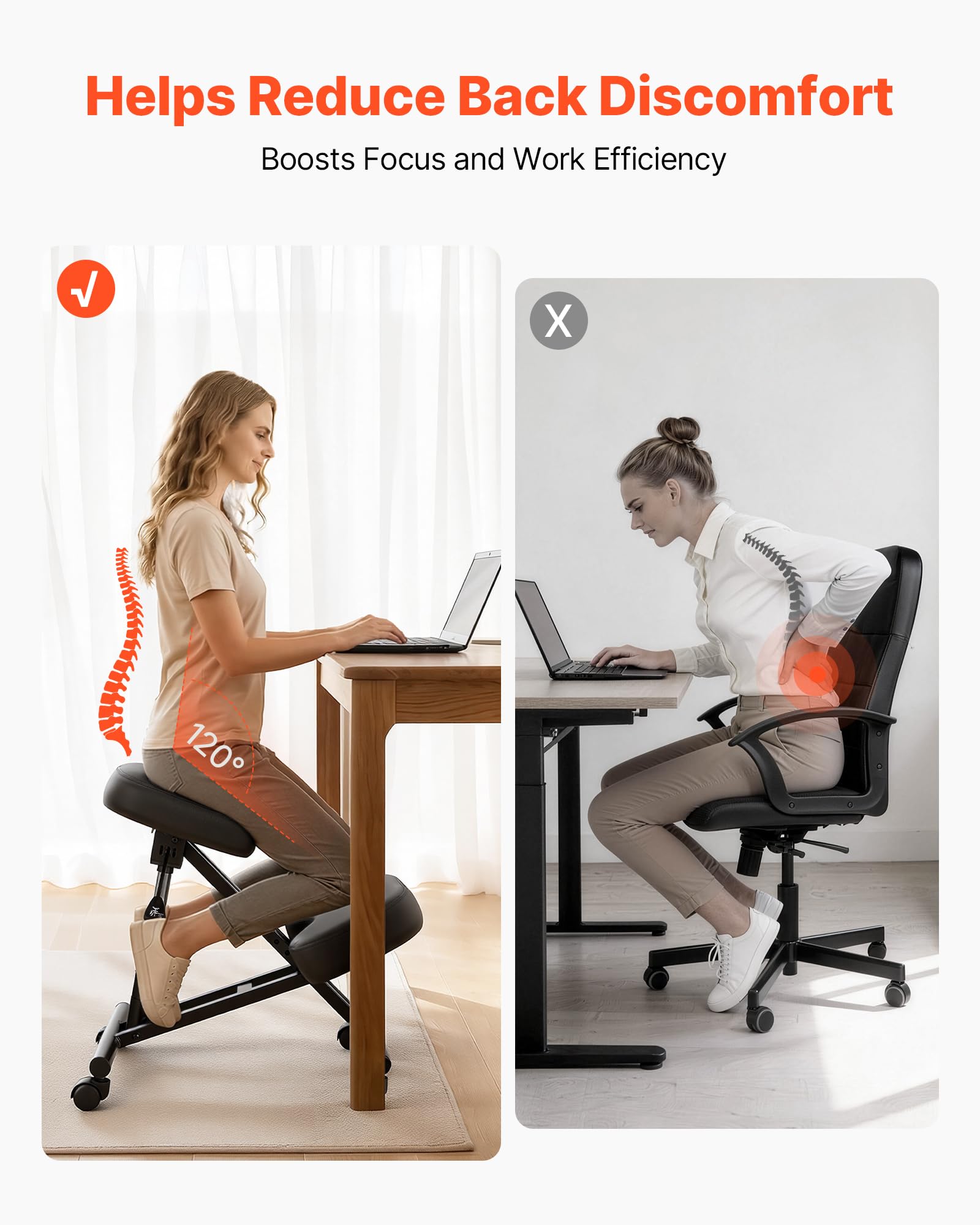 VEVOR Ergonomischer Kniehocker mit Rollen, Mobiler Höhenverstellbarer Kniestuhl in X-Form mit Dicken Schaumstoffpolstern, zur Entlastung von Nacken & Rücken, für Zuhause, Büro & Meditation, Schwarz