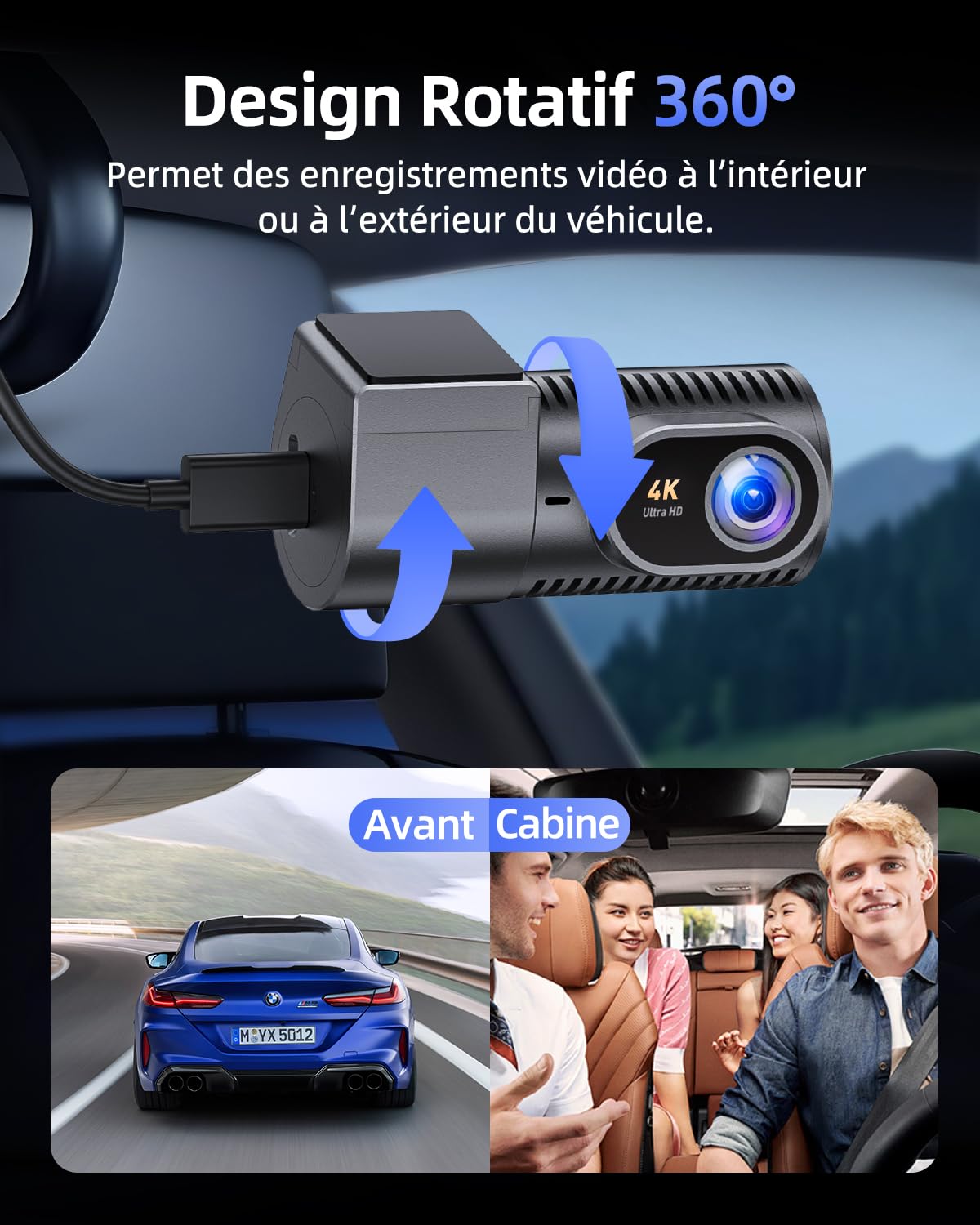Dashcam Voiture 4K avec Écran IPS 1,5" & 5G WiFi & Carte SD 64G, Mini Dash Camera Voiture Rotative 360°, WDR, Mode Stationnement 24H, Capteur G, Enregistrement en Boucle, Grand Angle 170°, C200