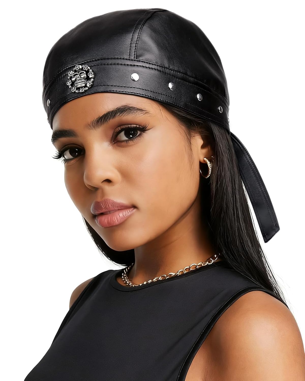 Leather Motorcycle Cap with Skull-Head Rivets - Black Leather Biker Cap for Women Men Adjustable Punk Style Du