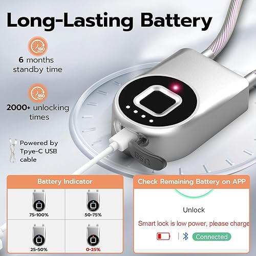 Miniatura 6 de eLinkSmart - Cerradura de cable de huellas dactilares, cerraduras para nevera con control de aplicación Bluetooth, candado inteligente biométrico