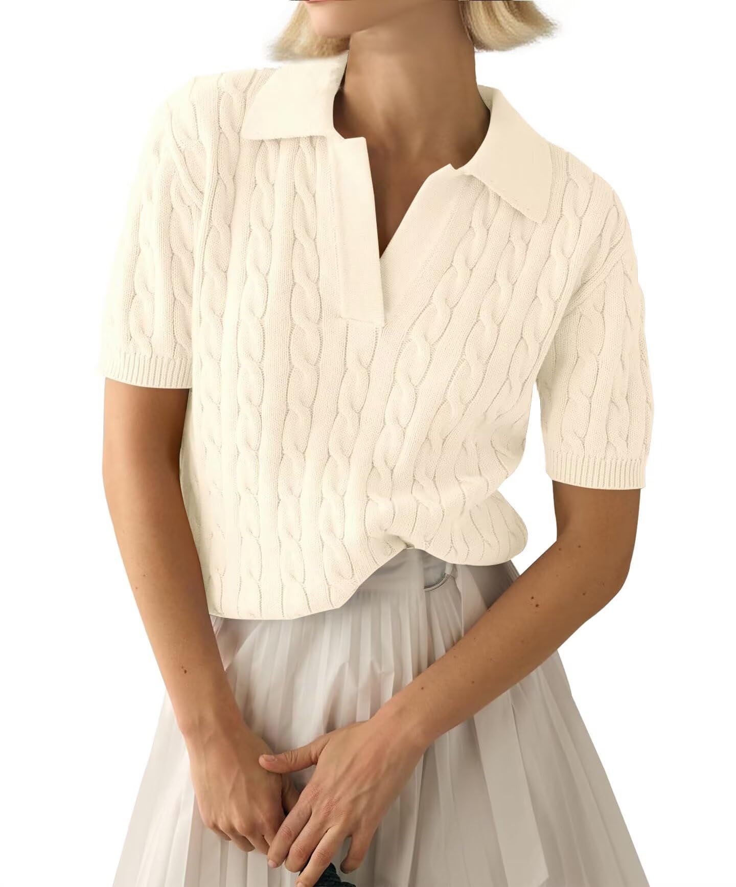 LACOZY Polo d'été à manches courtes et col en V côtelé pour femme
