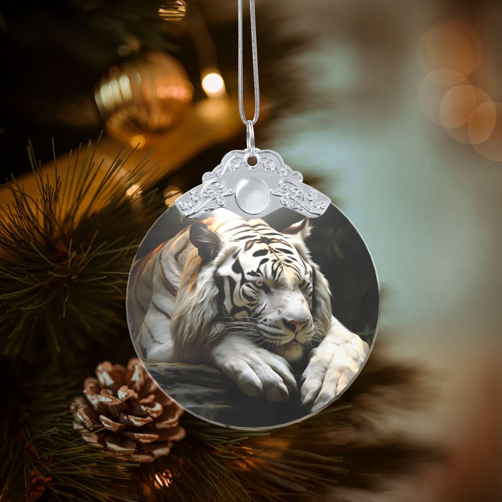 Crystal Christmas Ornaments for Christmas Tree Decoration Hanging Lying Tiger Ornament with Gold Ribbon Crafts Round Pendant for Keepsake Gifts Glass Xmas Decor Party Supplies