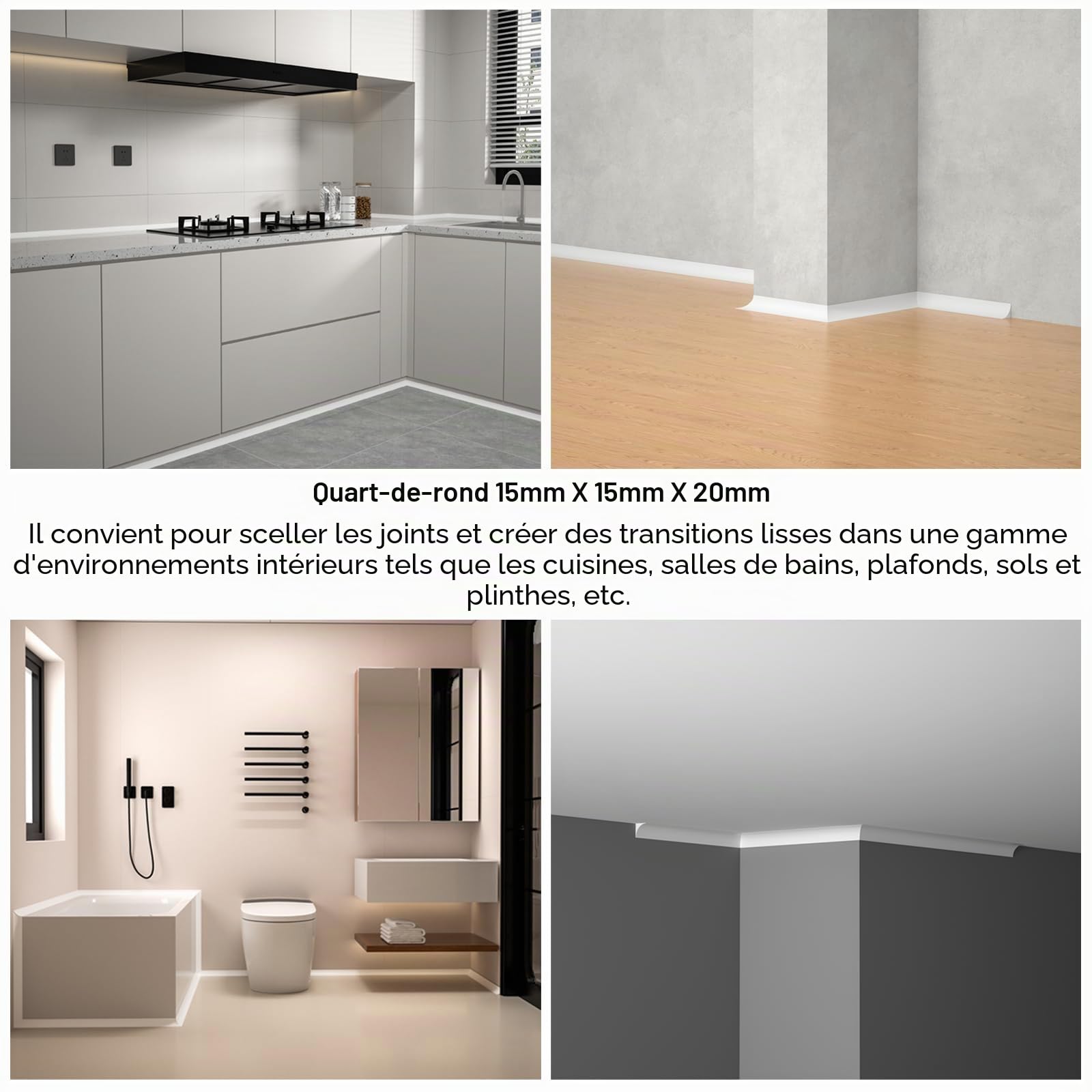 15 Mètres Moulure Adhesive, Moulure Plafond Flexible Autocollante, Moulures angle de Plafond en TPE, Joint en Silicone pour Salle de Bain, Murale, Evier Cuisine, Plinthe, Carrelage (Blanc)