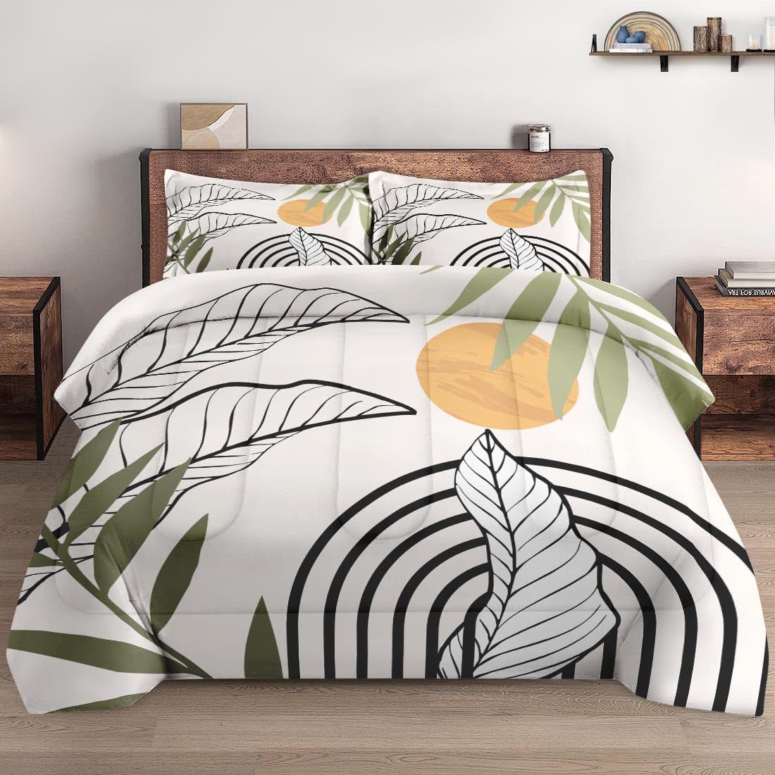 WeCozy Queen Size Comforter Set with 2 Pillowcases, Mid Century Leaf 3 Pcs Bedding for Kids and Adults, Summer Green Geometric Soft Comforter Set for Bedroom Bed Decor