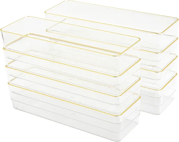 Martha Stewart Kerry Plastic Stackable Office Desk Drawer Organizers, 9" x 3", 8 Pack, with Gold Trim