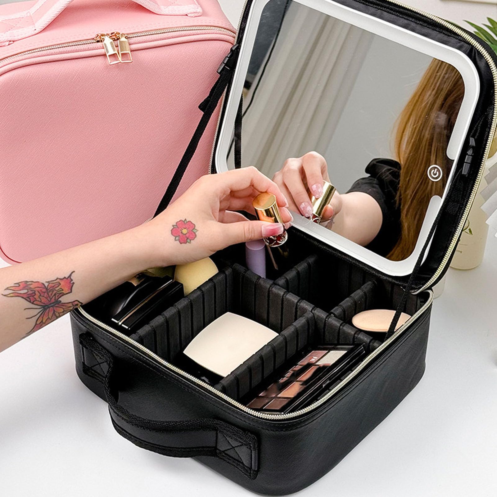 Reise-Make-up-Tasche mit LED-beleuchtetem Spiegel,Make-up-Etui, Reise-Kosmetiktaschen, Pinsel-Organizer,Aufbewahrungsbox mit Spiegel mit 3Farblichtern und Verstellbaren Trennwänden