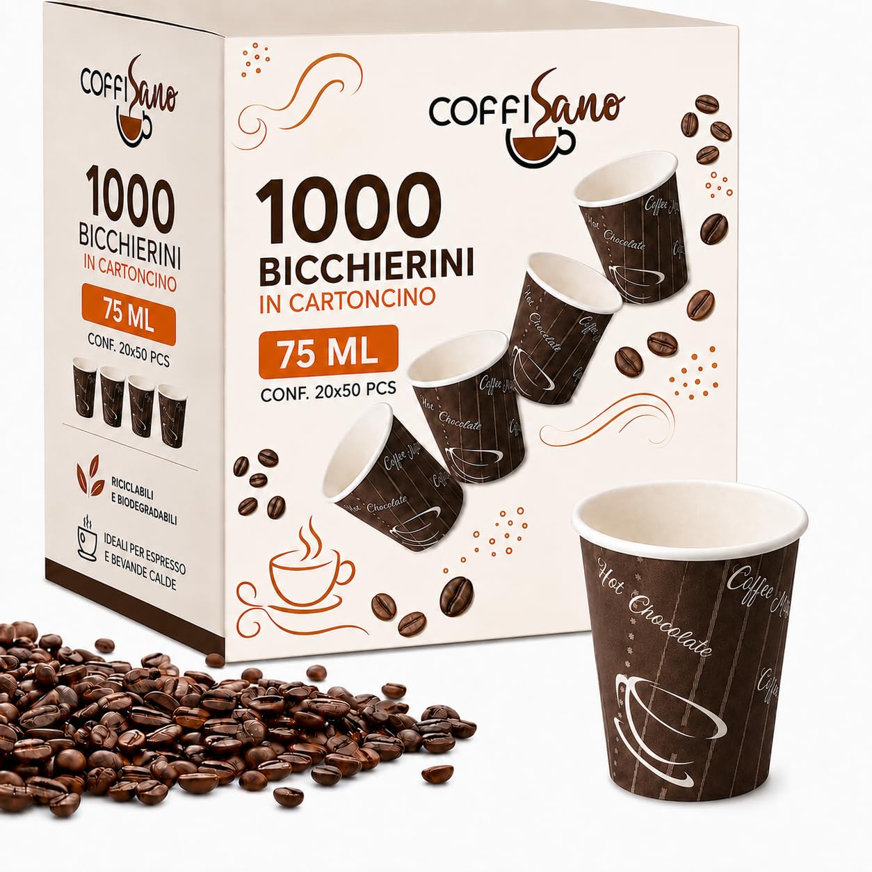 COFFISANO 1000 vasos de café de papel desechables, para oficina, bar, marrón, ecológico, compostable, vasos desechables para bebidas calientes, expreso, té, chocolate, 75 ml