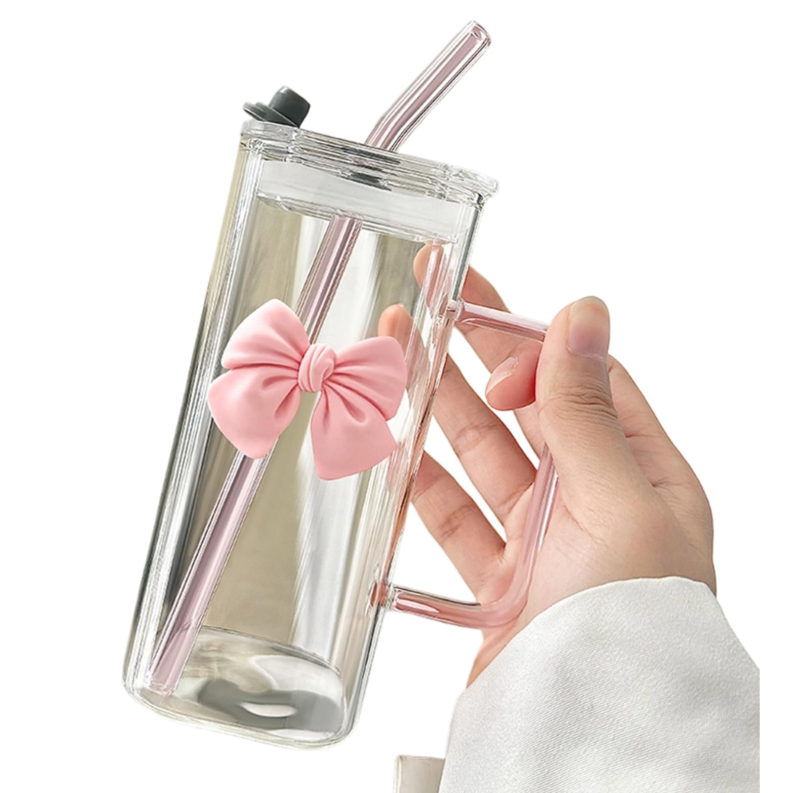 Nucelit 400ml Glass Straw Tumblers with Lid and Handle Square Drinking Cup Clear Glass Drinkware Birthday Gift Drinking Cup