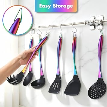 Silicone Cooking Utensils Set, 17pcs Kitchen Utensil Set with Rotatable Holder, Heat-Resistant Silicone Utensils for Cooking, Non-Stick Spatula Set with Stainless Steel Handle,Turner,Ladle (Rainbow)